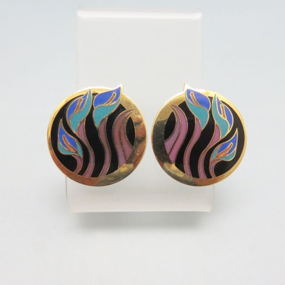 Vintage 1980s Laurel Burch Round Studs Lavender and Blues&22 kT GP Lillies